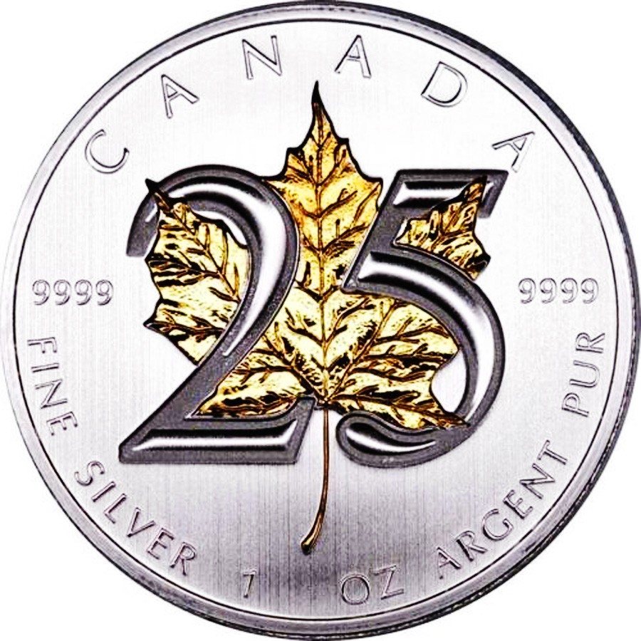 2013 1oz Canadian Silver 25th Anniversary Maple 24k Gold Gilded Leaf