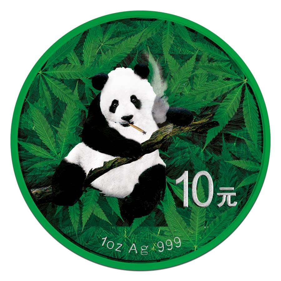 2014 1oz Chinese Panda Smoking Cannabis Cyber Green Colorized 