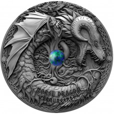 2019 2 oz $2 NZD Niue Pure Silver NORSE DRAGON Azurite Dragons High Relief Antique Finish Coin