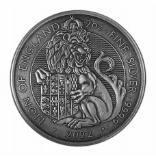 2022 2 oz £5 Silver Tudor Beasts Lion of England Antique Finish Silver Coin